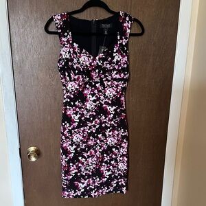 White House Black Market Black and Pink Floral Midi Dress